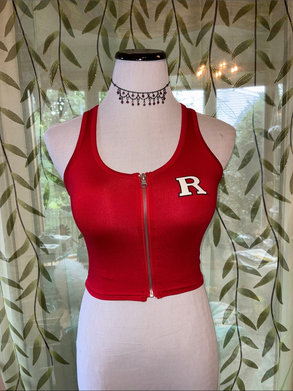 Rutgers Red Zip-Front Racerback Crop Tank Top with 'R' Patch